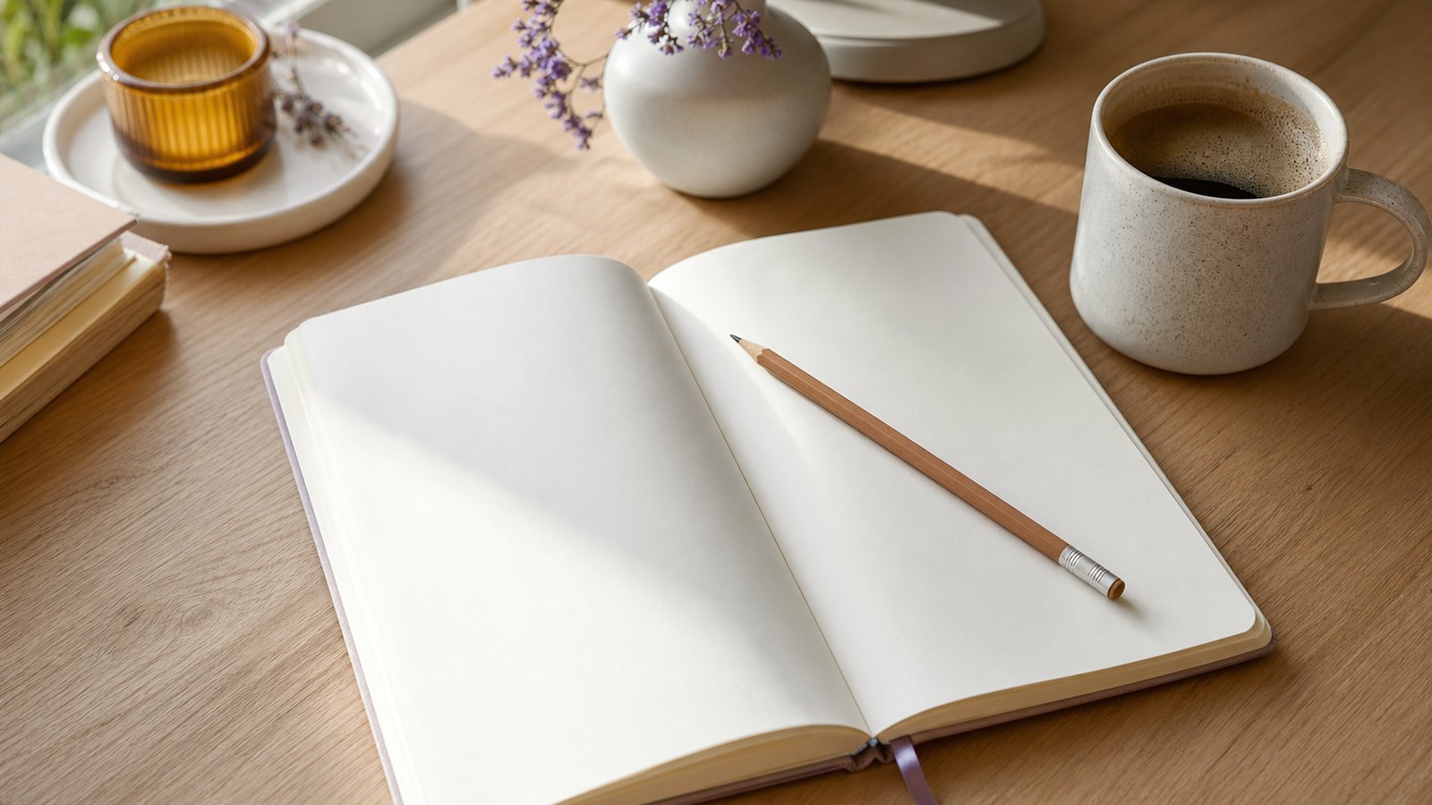 Un cuaderno abierto con el alfabeto inglés y palabras básicas, un lápiz al lado, listo para una sesión de principiante