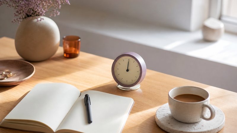 Un cuaderno, un reloj pequeño y café en un escritorio, listos para una sesión de estudio de inglés