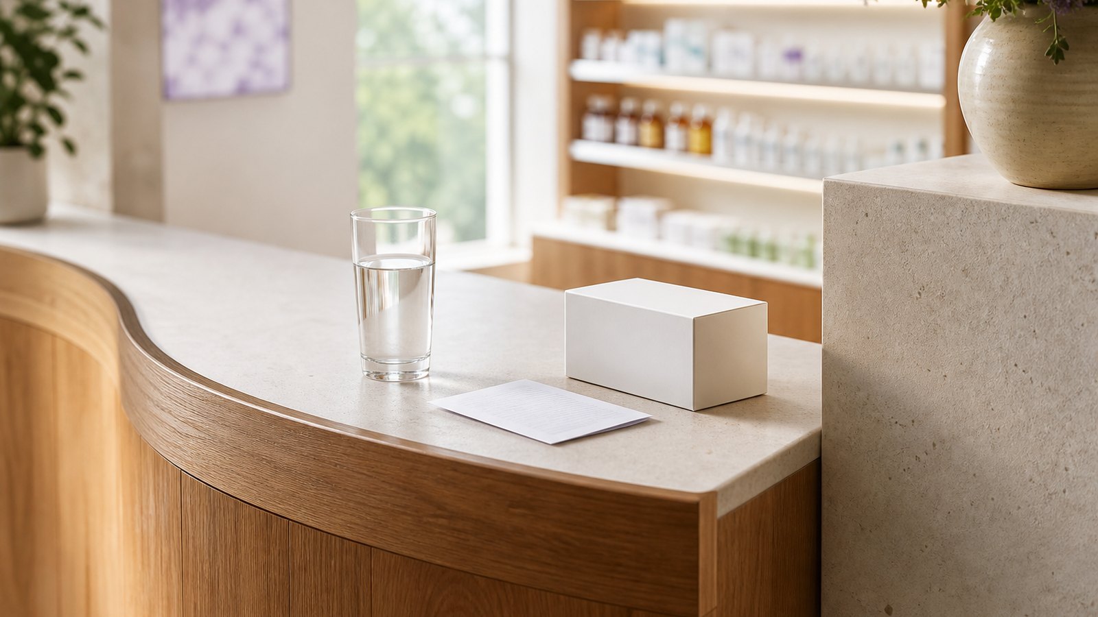El mostrador de una farmacia con medicinas, representando frases médicas en inglés para viajeros
