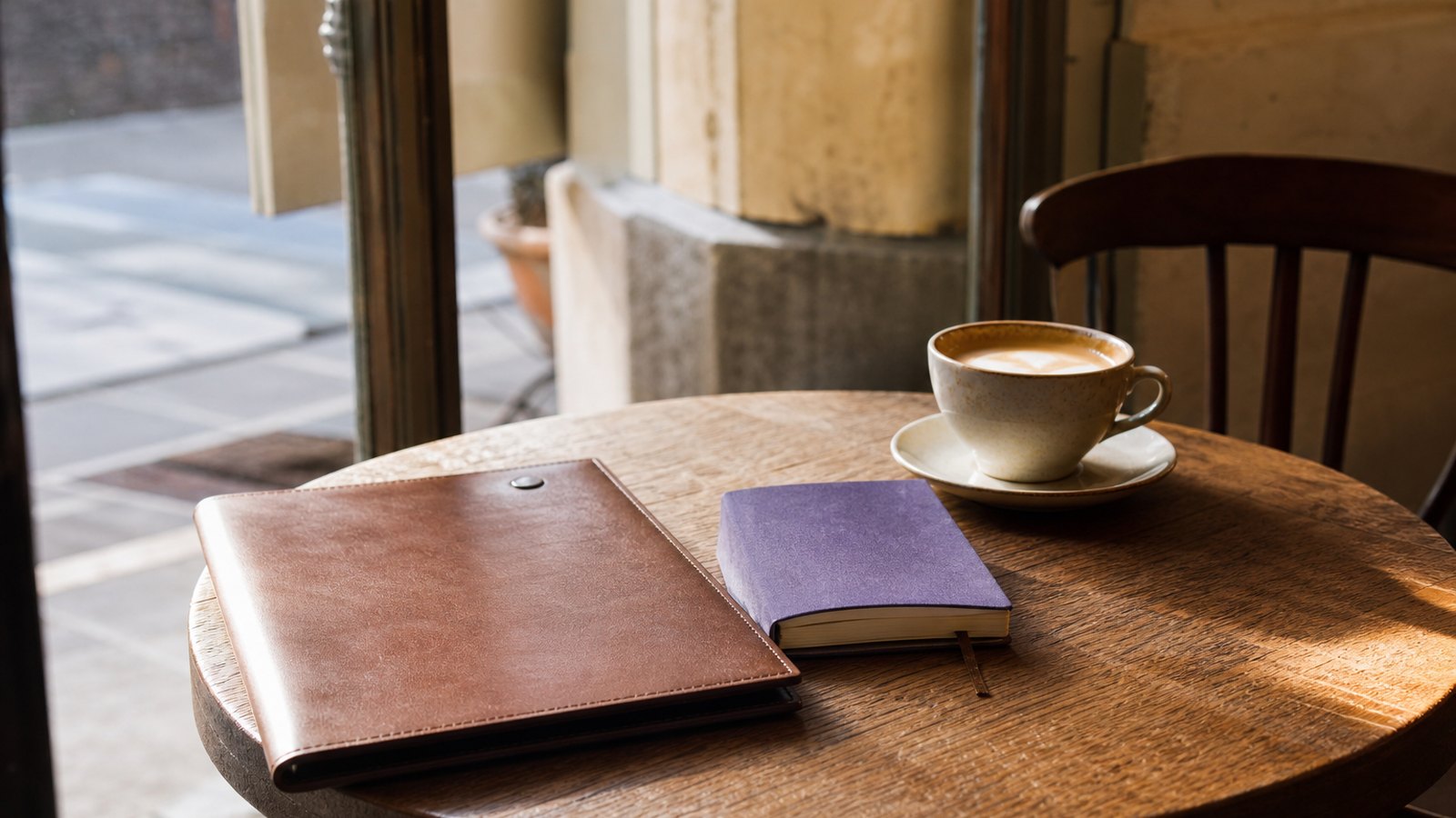 La mesa de una cafetería en un país de habla inglesa con una carta, café y un cuaderno